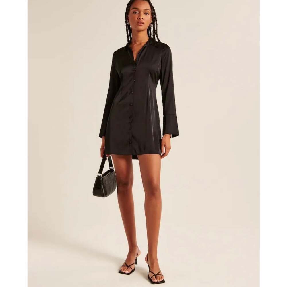Abercrombie & Fitch Satin Shirt Dress Black Long Sleeve Button Front Small Tall